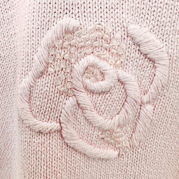 VINTAGE 90s LARGE Womens Pastel Pink Oversized Beaded Floral Sweater Clasiques - Picture 5 of 8